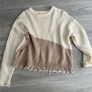 Pink Lily Cream and Tan Frayed Hem Sweater